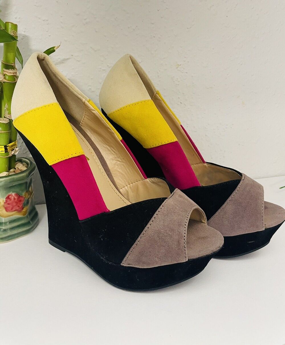 Pre-Owned Alba Color Black Yellow 5" High Heel Open Toe Wedges SZ 6 Disco